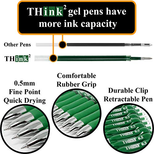 Image of [24 Pens - Green Ink] Think2 Retractable Gel Pens. (24 Green) Fine Point (0.5mm) Rollerball Pens with Comfort Grip.