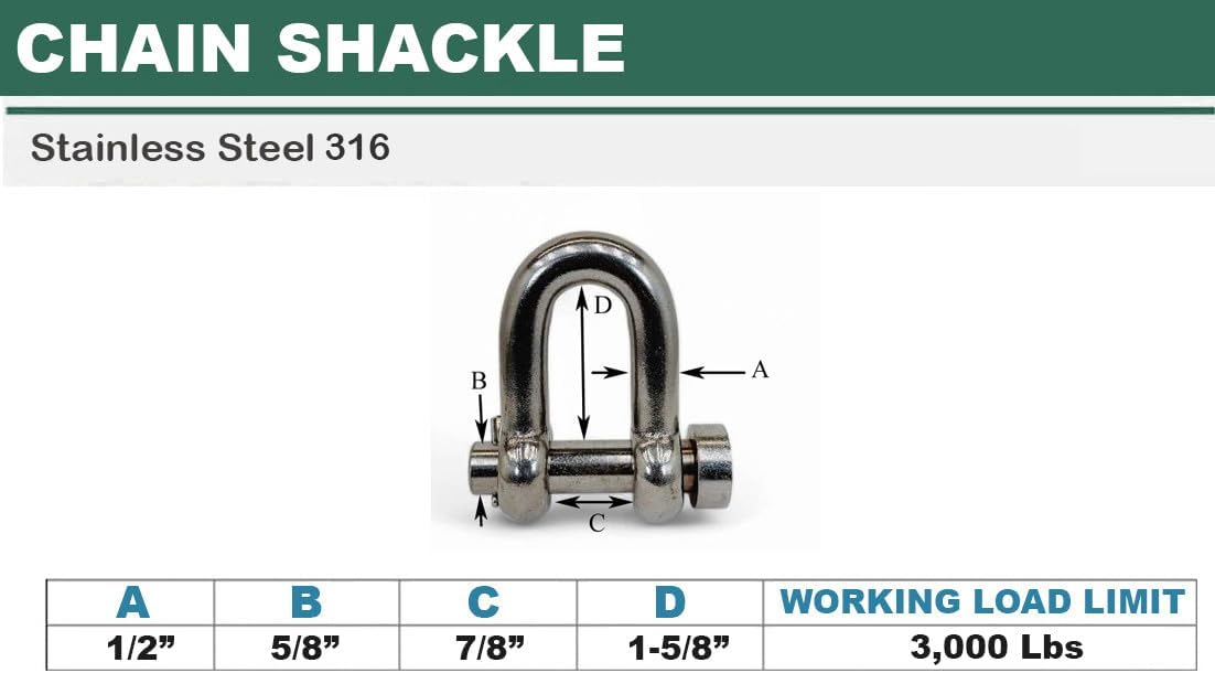 4 Pcs Stainless Steel T316 Forged 1/2" Round Pin Chain Shackle 3,000 Lb WLL