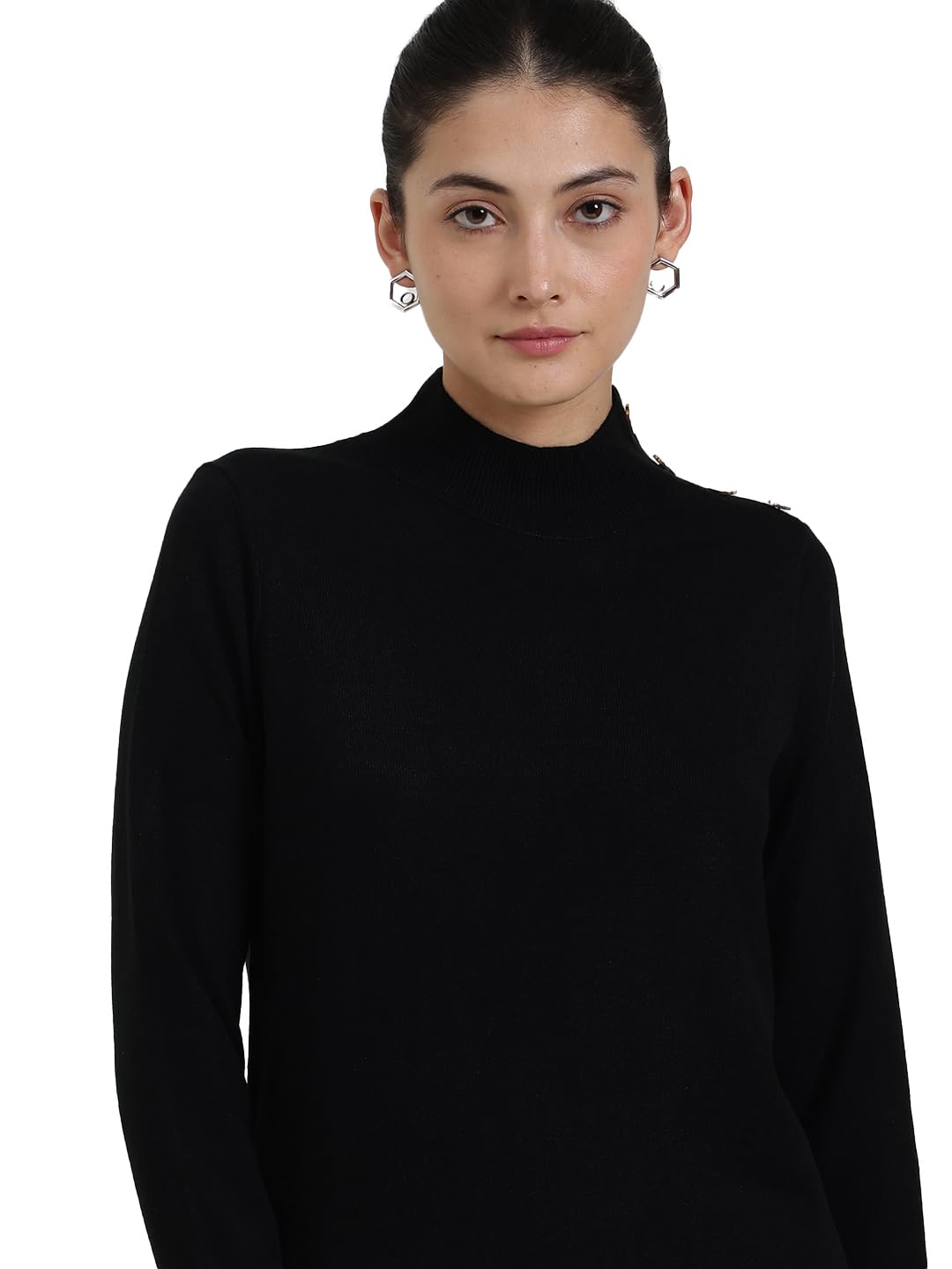 fablestreet Women Pullover Sweater | High Neck Solid Design with Gold Button Detail | Soft Acrylic Fabric for Autumn & Winter Wear-picture-1