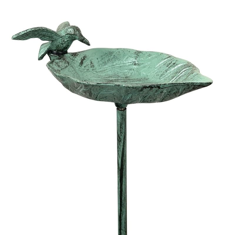 Set de 2 Tuteurs Bain d'oiseaux ou Pics de Jardin 2 Coupelles Façon Bénitier Bain à Oiseau en Fonte Patinée Verte 15x15x100cm