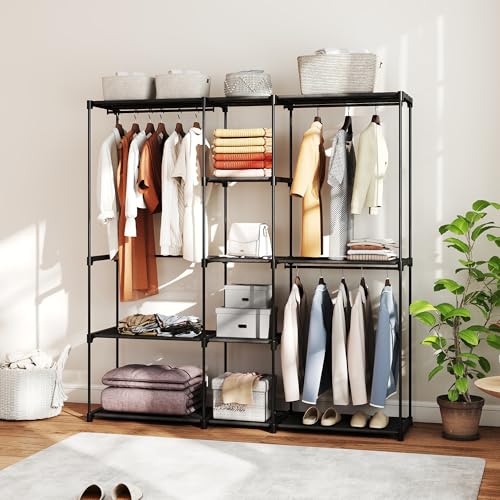 Miniatura 5 de Homcom Armario De Ropa, Perchero, 182x43x185 Cm, Armario Abierto Con 8 Estantes De Tela, Barras Para Colgar, Marco De Metal, Para Dormitorio, Salón, Vestidor, Negro