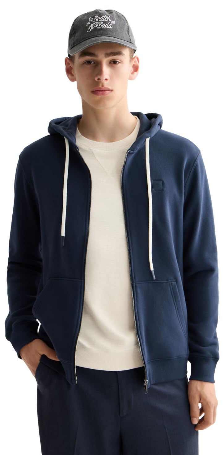Scotch & Soda Mens Essential Badge Logo Zip Through Hooded Sweatshirt, Sky Captain, XXL UK