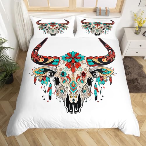 Bull Skull Duvet Cover Set Twin Size,Buffalo Sugar Skull Bedding Sets for Kids Boys Teens Adult Bedroom Decor,Western Horned Animal Comforter Cover Exotic Cow Print Boho Quilt Cover,1 Pillowcase