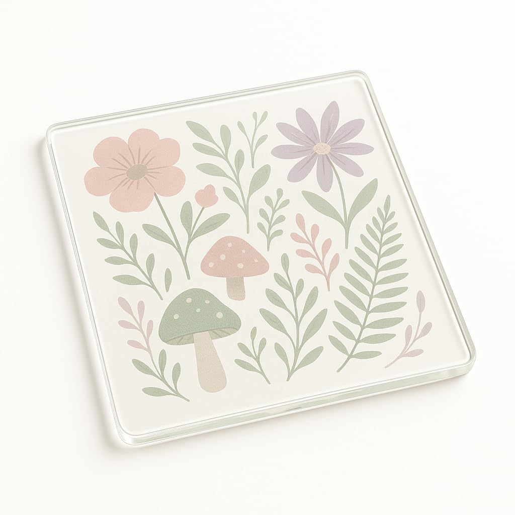 The Plum Penguin Meadow Whimsy Acrylic Coaster Gift - Design Rustic Cottagecore Wildflowers Mushrooms Ferns Table Decor