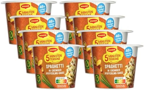 MAGGI 5 Minuten Terrine Spaghetti Pfifferling Sauce, 8er Pack (8 x 54g) | Leckeres Fertiggericht mit Instant Nudeln, Pasta-Snack in cremiger Pilz-Sauce