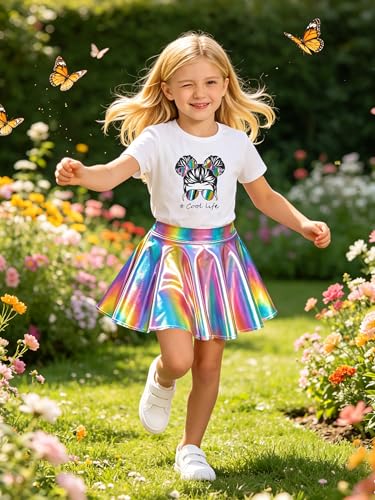 Image of Betusline Girls 2 Piece Outfits Short Sleeve Crop Top and Metallic Skater Skirt Set for Kids Dance Party Tennis, 4-14Y