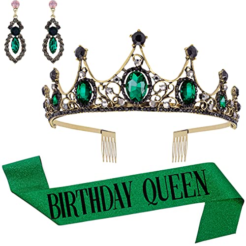 Zipoka Birthday Queen Birthday Sash for Women - Premium Rhinestone Birthday Tiara Crown & Earring Kit - Emerald Green Birthday Crowns for Women - Girls Happy Birthday Sash and Tiara for Women
