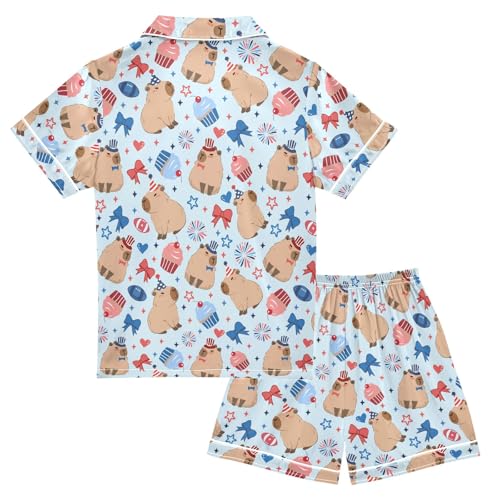 Funny Capybara Colorful Stars Summer Satin Pajama Set, Cute Button-Down Sleepwear Pj Set for Sleep Wears2