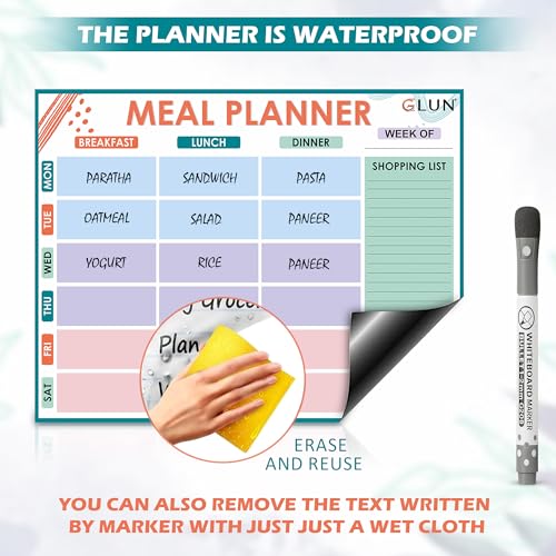 Image of GLUN Magnetic Back Meal Planner Size 33x43cm Pack of 1, Paste on Metal Surface, Fridge, Almira & Wardrobe with One Black Marker, Dry Erase Planning Calendar