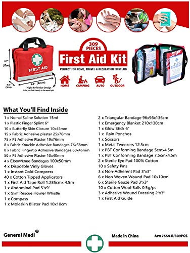 First Aid Kit -309 Pieces- Reflective Bag Design - Including Eyewash, Bandages, Moleskin Pad and Emergency Blanket for Travel, Home, Office, Car, Camping, Workplace