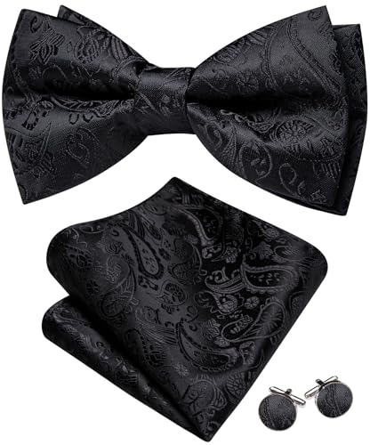Image of Barry.Wang Paisley Striped Bow Tie for Men Silk Pre-Tied Bowtie Pocket Square Cufflinks Set Formal Wedding Party Prom