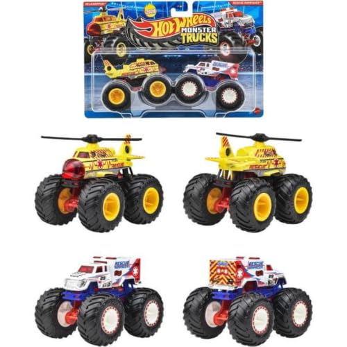 Image of Hot Wheels Monster Trucks Helichopper Vs Rescue Rampager Demolition Doubles 2026 1:64 Scale 3+ Ages - Multicolor