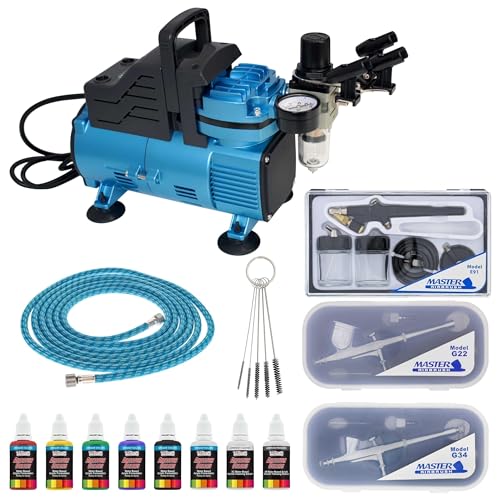 Image of Master Airbrush Cool Runner Dual Fan Air Compressor Professional System | Airbrushing System Kit with 3 Airbrushes, Gravity & Siphon Feed - 6 Primary Opaque Colors Acrylic Paint Artist Hose & Holder