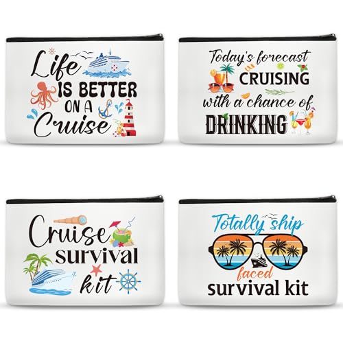 Cruise Ship Makeup Bag - 4Pcs Cruise Ship Essentials Survival Kit Canvas Cosmetic Bags Organizer Portable Beach Accessories with Zipper Pouch Travel Bags Cruise Gifts for Girls Women Sister