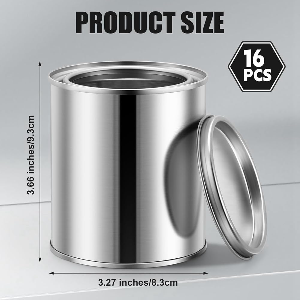 Paquete de 16 latas de pintura de metal vacías sin forro de 0.84 pintas con tapas, latas de pintura pequeñas, cubos de pintura multiusos