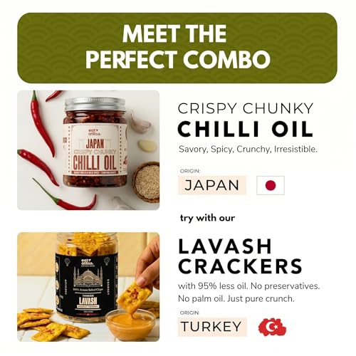 Image of Eat Atlas Japan Crispy Chunky Chilli Oil with Turkish Lavash Sesame Chips Combo, Slow Infused Chilli Garlic, No Preservatives, 200g + 100g