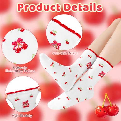 Image of 6 Pairs Women's Cute Crew Socks, Casual Athletic Cotton Cherry Heart Strawberry Calf Novelty Socks for Women