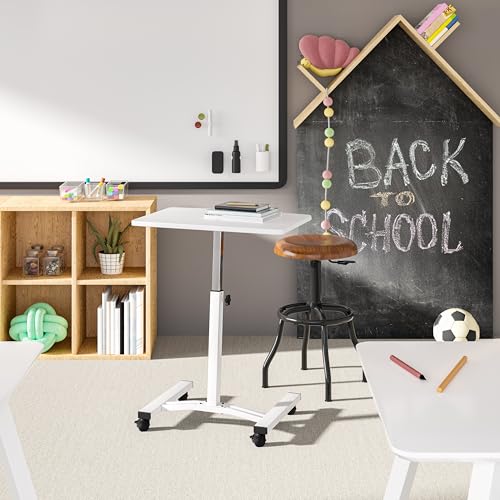Image of Seville Classics Airlift Mobile Height Adjustable Laptop Stand Computer Workstation for Sitting Classroom Home Office Medical Table w /Wheels, Flat Desk 24 inch, White
