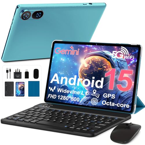 YESTEL Tablet 10 Inch Android 15 with Gemini AI, 30GB RAM + 2TB Expansion ROM, Widevine L1, Octa-Core, 5G WiFi, GPS, FHD IPS, BT5.0, 6000mAh, 2 in 1 Tablet with Keyboard + Mouse, Blue