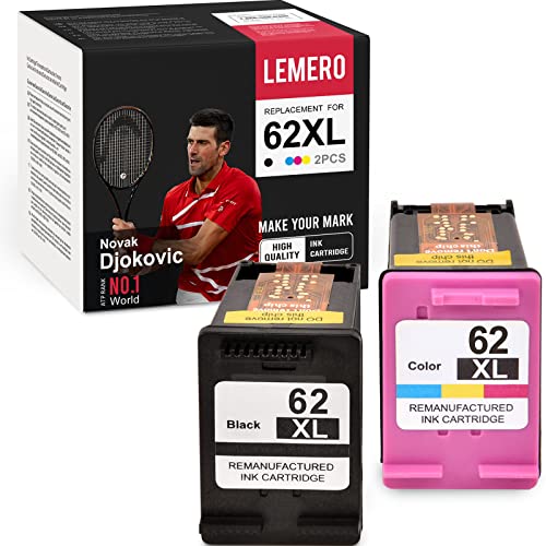 LEMERO Remanufactured Ink Cartridges Replacement for HP 62 XL 62XL to use with Envy 7640 5660 7645 5642 5643 5640 OfficeJet 250 5740 200 5746 5745 (Black, Tri-Color, 2-Pack)