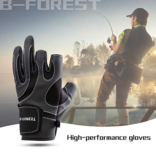 B-Forest Fishing Gloves Warm For Men & Women, Cold Weather 3 Low Fingers Anti-Slip Waterproof Outdoor Gloves, For Hiking, Photography, Hunting, Paddling, Canoeing, Kayaking, Rowing (Black & Red) #TOP1