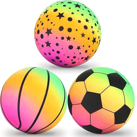 Image of Rainbow Neon Rubber Balls for Kids, Pack of 3 | Basketball, Soccer & Star, Colourful Gradient Design, Outdoor Play, Inflatable Toy Balls, Ages 3+