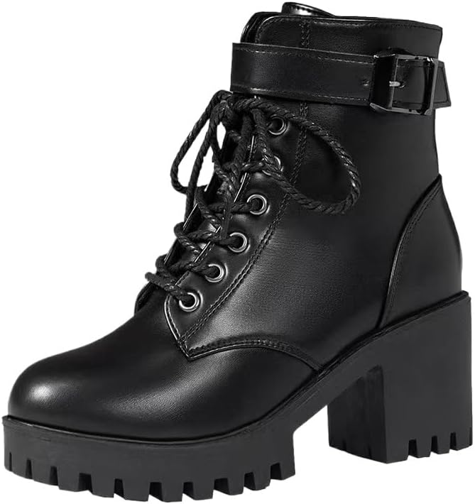 Lace Up Chunky Heel Combat Boots Non-slip Lug Sole Side Zipper High Heel Ankle Boots with Buckle Strap Platform Goth Booties