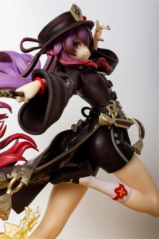 Figurki anime model statuetka - fioletowe długie włosy, pomarańczowe oczy, postać z gry, trzymająca broń, scena bitwy, otoczona efektami ognia pod stopami, waga 308 g, wysokość 16,5 cm-Z