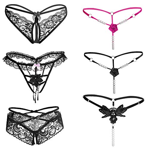 Joeyer 6 pcs Lenceria Mujeres Tanga Bragas Ropa Interior Encaje Perla Ropa Íntima Strings Negro