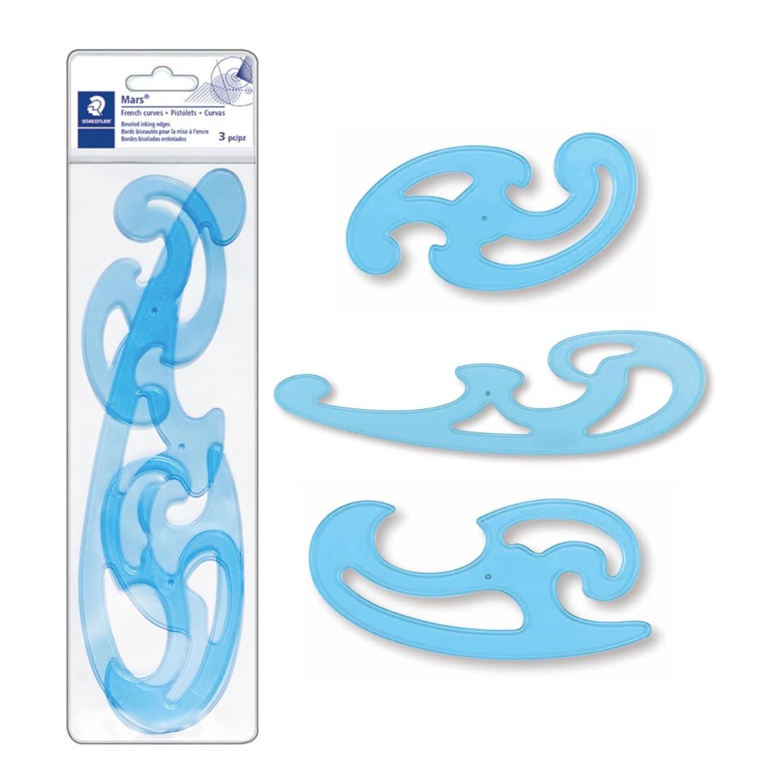 STAEDTLERMars Professional French Curve Design Ruler Set for Pattern Making, 3 Essential A B C Shapes, Blue Transparent Plastic with Inking Edge