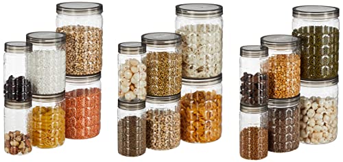 Image of Amazon Brand - Solimo Checkered Jar Container, Set of 18 (6 x 250 ml Each, 6 x 500 ml Each, 6 x 1000 ml Each), Black | Kitchen Organiser | BPA Free | Stackable