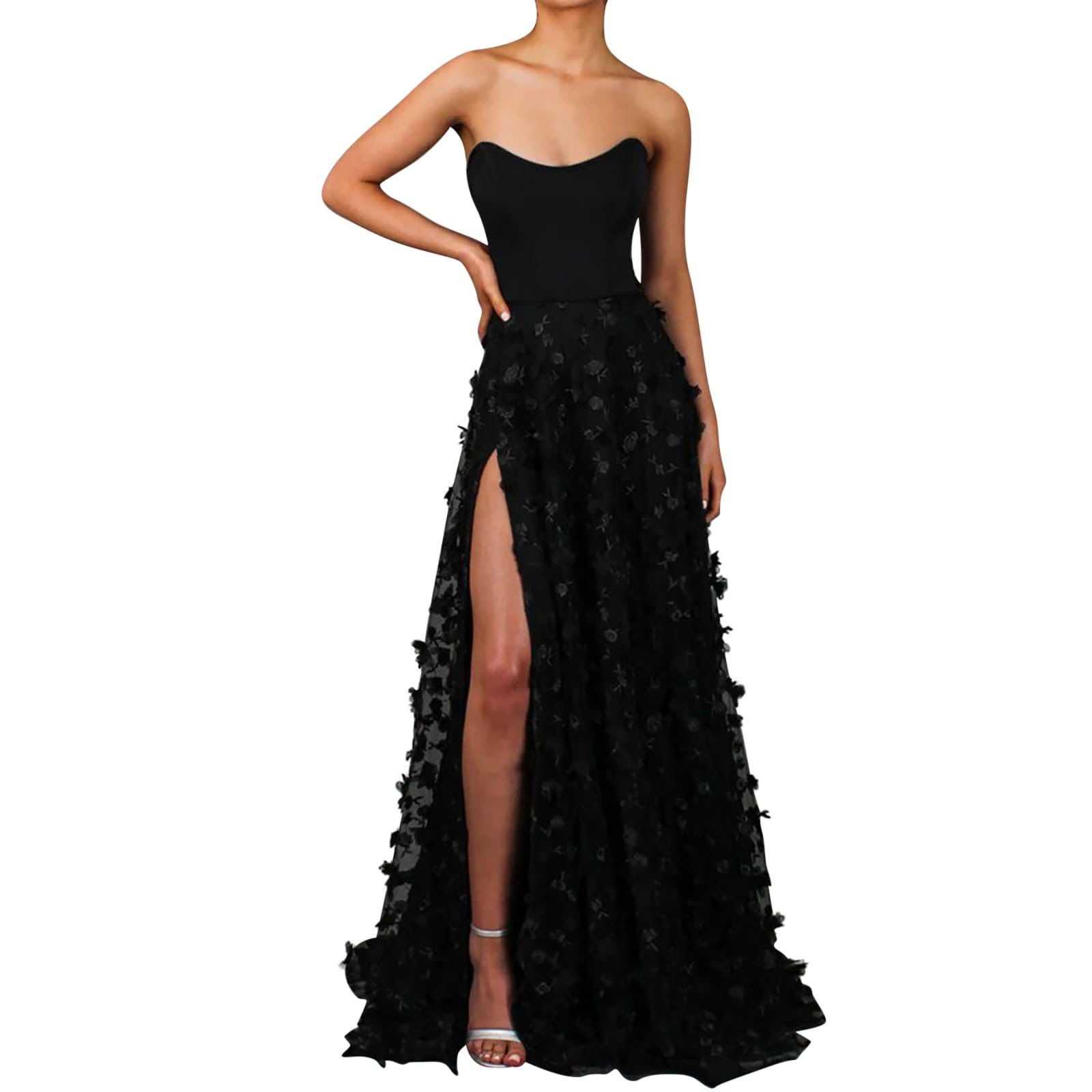 OverDose Boutique Vestido de Novia Largo para Mujer A-línea Escote en V sin Mangas con Encaje Gasa Vestido de Fiesta Sin Mangas Escote en V Corte Imperio Elegant Alta Baja Mujer