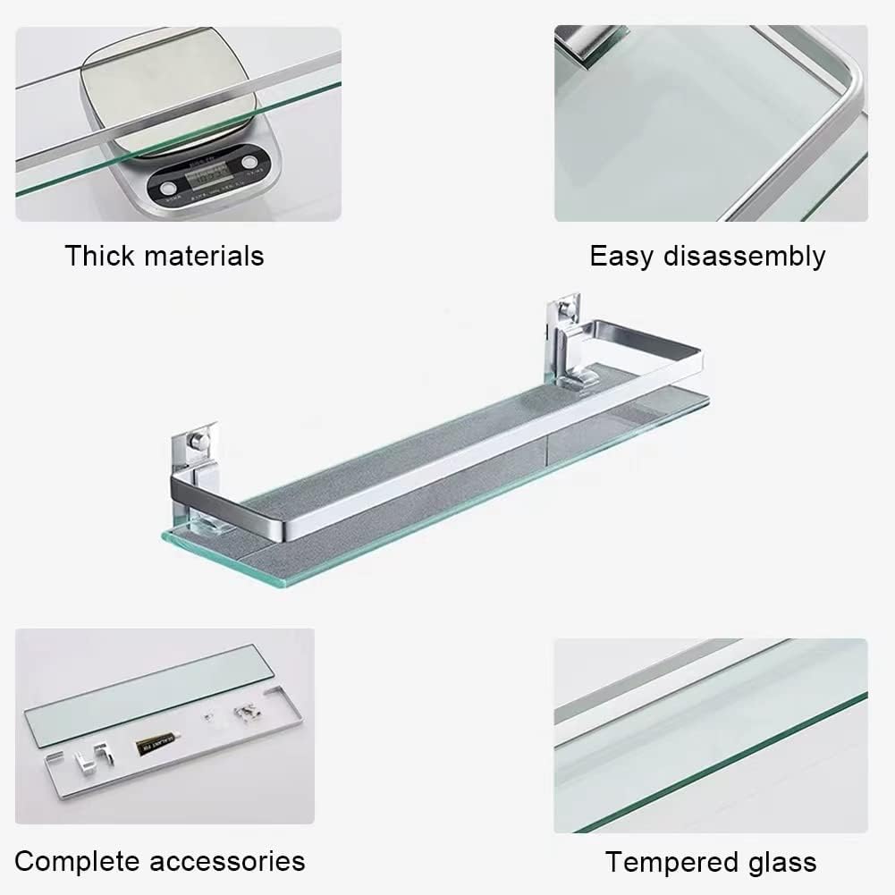 Estante de baño de vidrio templado rectangular de aluminio extra grueso color plateado arenado, montaje en pared, 25 cm