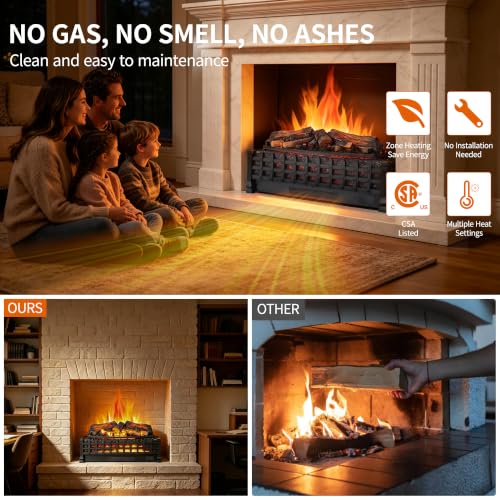Image of 26 inch Electric Fireplace Log Set, Realistic Resin Logs Insert with 4 Flame Brightness, 1400W Heater with Thermostat & 9H Timer, Remote Control for Indoor Fireplace Decor, CSA Certified