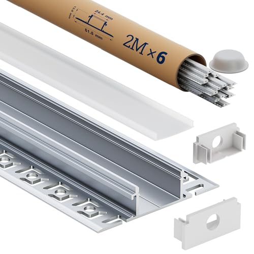 Profilé LED 2m en Aluminium encastrable placo, Lot de 6 Rails LED avec Diffuseur | Pour Rubans LED jusqu’à 20mm, Dimensions 61.8 × 13.8mm, Inclus embouts, vis et clips de montage (SA02, 2M 6 pièces)