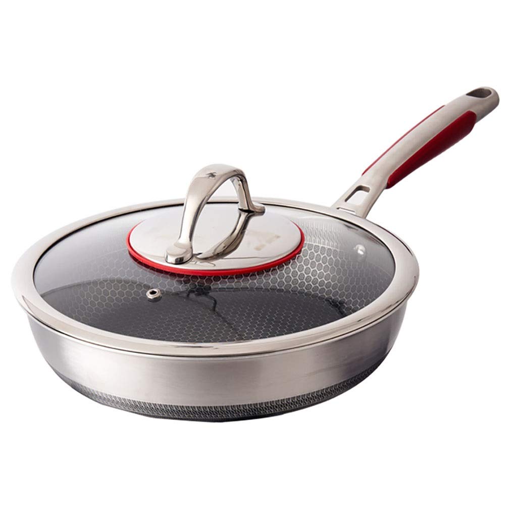 SH-chaoguo Fry Wok/Frying pan/ 304 Stainless Steel uncoated Non-Stick pan/Cooking pan with lid (26/28 cm), for Induction Cooker, Gas Stove (Size : 28cm)