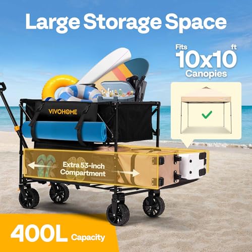 Image of VIVOHOME 400L Large Capacity Double Decker Collapsible Wagon 500lbs Heavy Duty Utility Folding Cart with Big Wheels 53 inch Extended for Camping, Sports