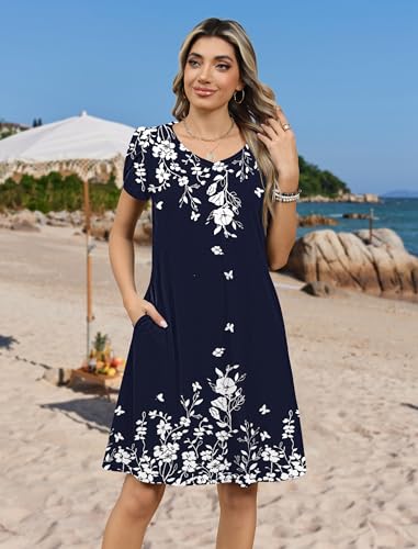 Image of Zeagoo Womens Summer A-Line Dress with Pockets Mini Short Sleeve Dresses Flowy Beach Swing Dress 2026 Vacation Travel