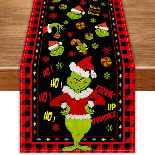 FARMNALL Tischläufer aus Leinen, 122 cm lang, Merry Grinchmas...