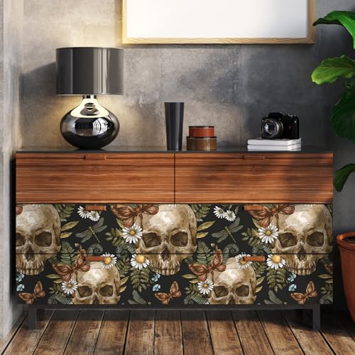 VEELIKE Tapete Totenköpfen Farnen Gothic Dunkle Blumentapete Vintage Tapete Blumen Schwarz Mustertapete Tropische Blätter Dschungel Tapeten Kinderzimmer Badezimmer Schlafzimmer Flur 44.5cm x 300cm