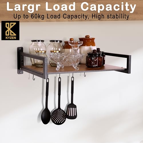 Image of KYZEN Deluxe Wall Mount Microwave Oven Stand with Pot Rack, 5 Hooks & Storage Container | Heavy-Duty Shelf for Microwave, OTG, Air Fryer, Grinder & Kitchen Organization (Wooden) Appliances WM Delux W