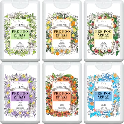 Travel Size Toilet Spray 6-Pack Travel Essentials Toiletries Pocket Size Pre-Poo Spray Bathroom Odor Deodorizer Up to 360 Uses 6 Refreshing Scents