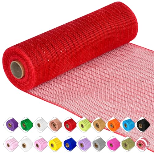 Deco Mesh Ribbon - 10inch x 30 feet Each Roll Metallic Foil Mesh Ribbon for Christmas, Valentine's Easter Wreath and Home Decorating (Red)