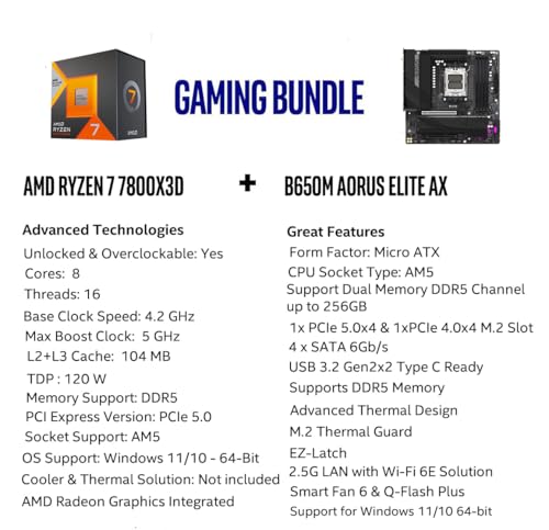 Image of Micro Center AMD Ryzen 7 7800X3D CPU Processor Bundle with GIGABYTE B650M AORUS Elite AX Gaming Motherboard (AM5, Micro-ATX, DDR5, PCIe 5.0 M.2, USB 3.2 Gen2X2 Type-C)
