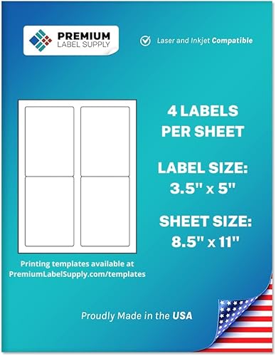 Premium Label Supply Etiquetas adhesivas blancas para envíoenvío, 3.5 x 5 pulgadas, compatibles con láserinyección de tinta, (4 etiquetashoja), 25