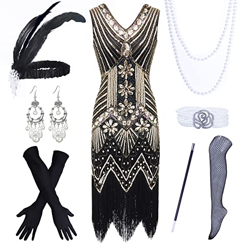 1920S Vintage Flapper Fringe Beaded Great Gatsby Party Dress Costume (X-Large, Black Gold) #TOP26