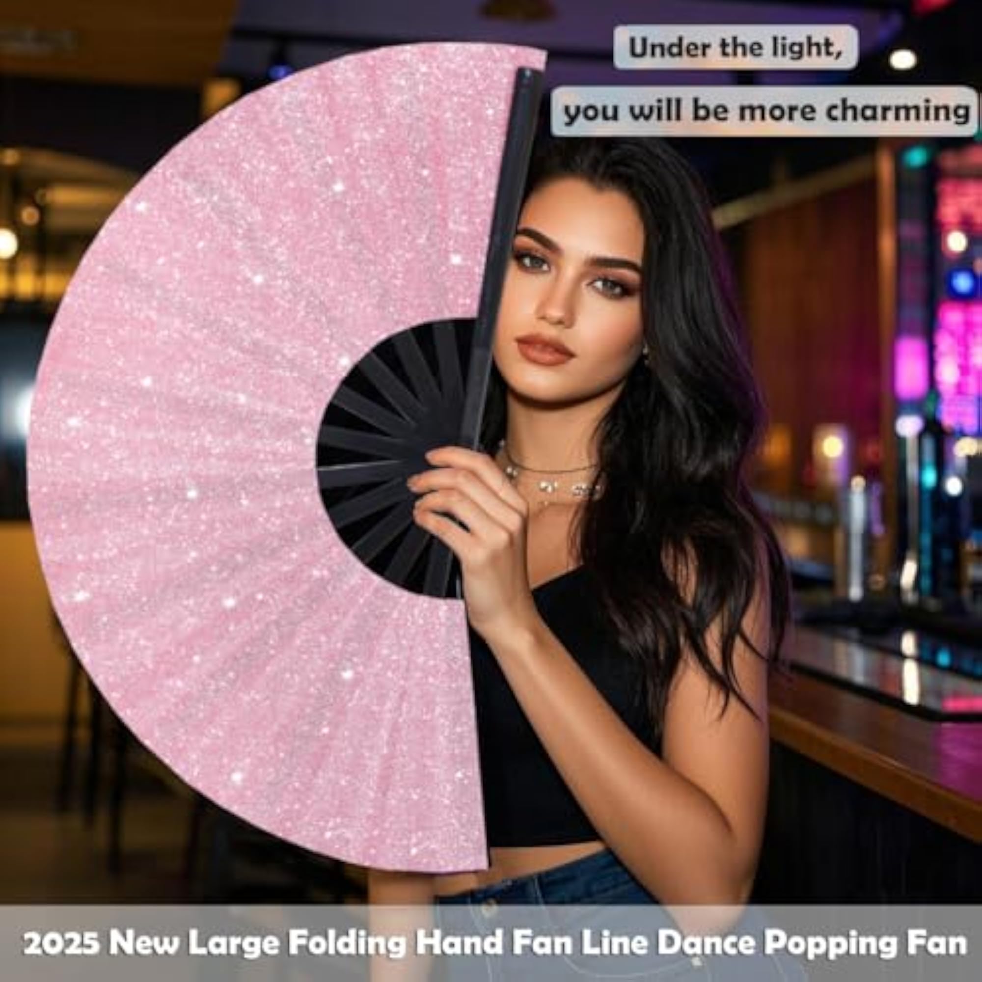 Large Folding Clacking Hand Fan, Pink Glitter Design