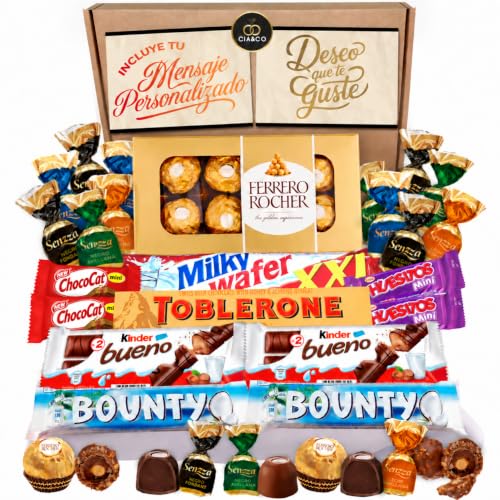 Lote Exclusivo de +30 Bombones y Chocolates Premium con Ferrero Rocher, Bombones Rellenos, Toblerone, Kinder Bueno y Más - Un Regalo Increible para Día de la Madre · Con Tarjeta y Texto Personalizada