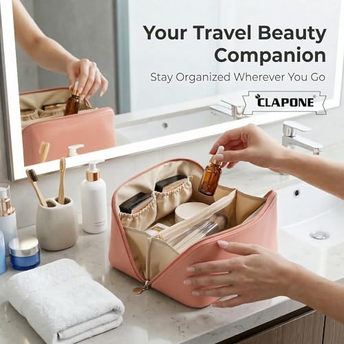 Image of Cosmetic Bag for Women, PU Leather Makeup Pouch, Large Capacity Travel Makeup Organizer with Divider & Handle, Waterproof Portable Vanity Storage Bag for Toiletries (Pink)