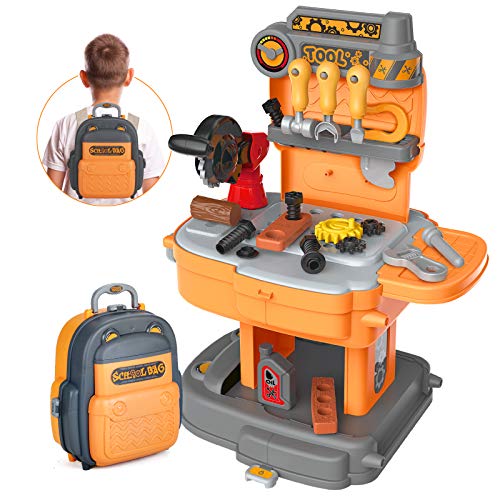 FREE TO FLY Toddler Toys Kids Tool Kits: 2 in 1 Transformable School Bag & Workbench, 31 Pieces Brick Blocks Work Shop Toy Set for Preschool Boys Girls,
